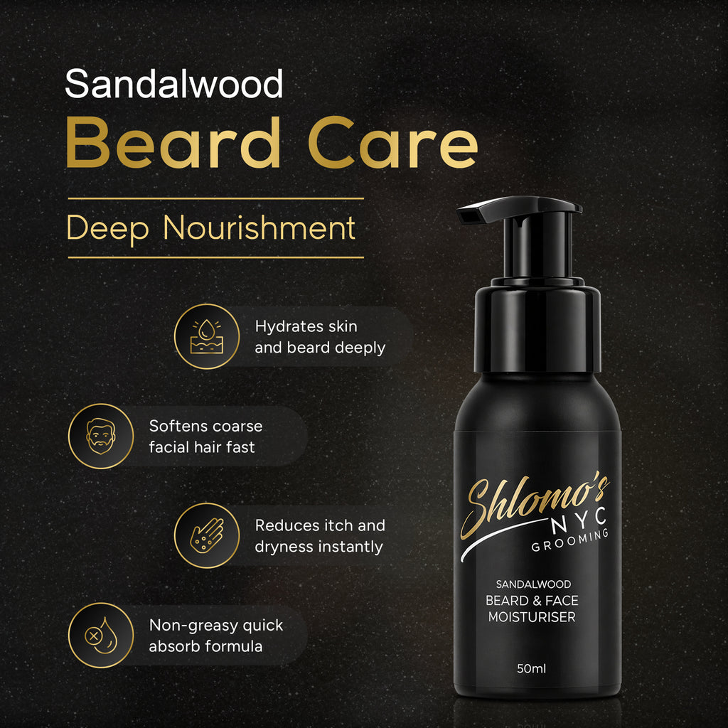 Shlomo's NYC Grooming Beard and Face Moisturizer, Dual-Action Hydrating Formula, Softens and Tames Facial Hair, Lightweight, Non-Greasy, for All Skin Types (Sandalwood)