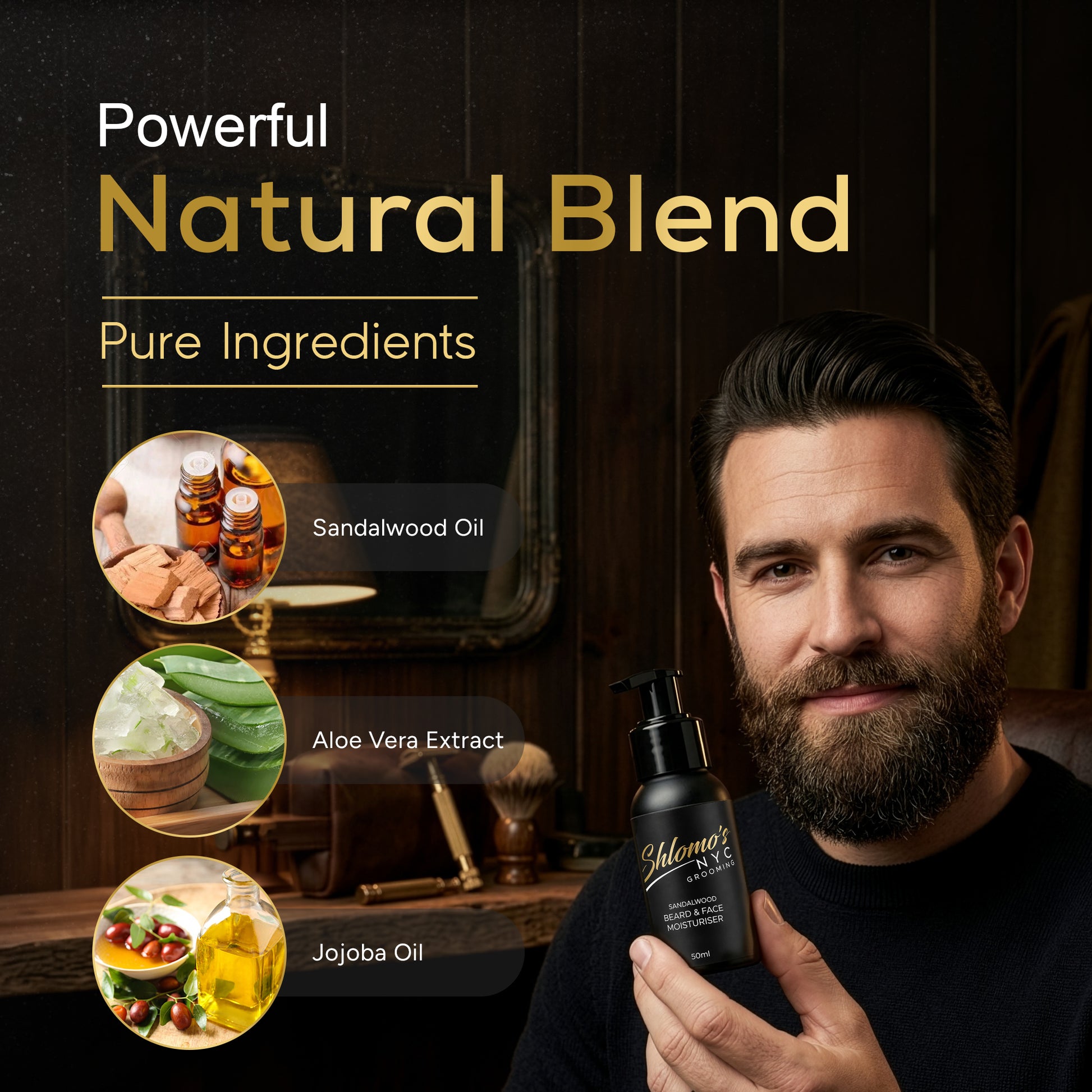 Shlomo's NYC Grooming Beard and Face Moisturizer, Dual-Action Hydrating Formula, Softens and Tames Facial Hair, Lightweight, Non-Greasy, for All Skin Types (Sandalwood)