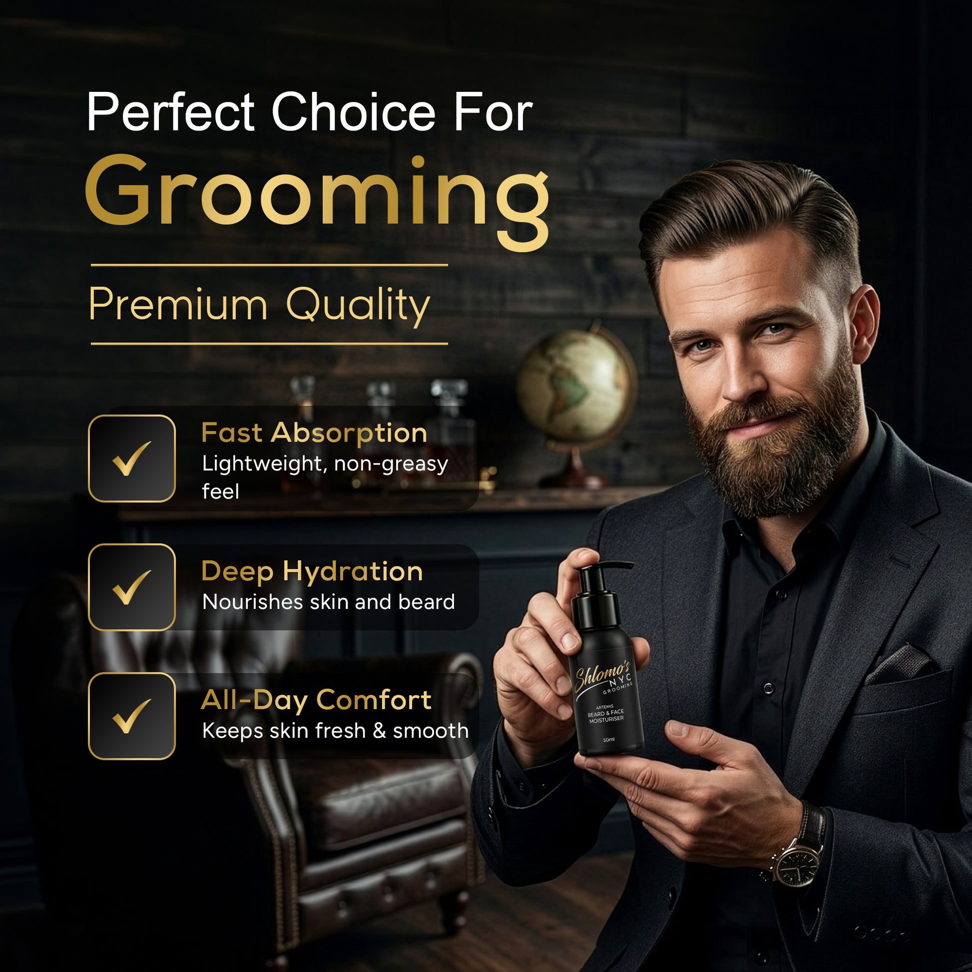 Shlomo's NYC Grooming Beard and Face Moisturizer, Dual-Action Hydrating Formula, Softens and Tames Facial Hair, Lightweight, Non-Greasy, for All Skin Types (Artemis)