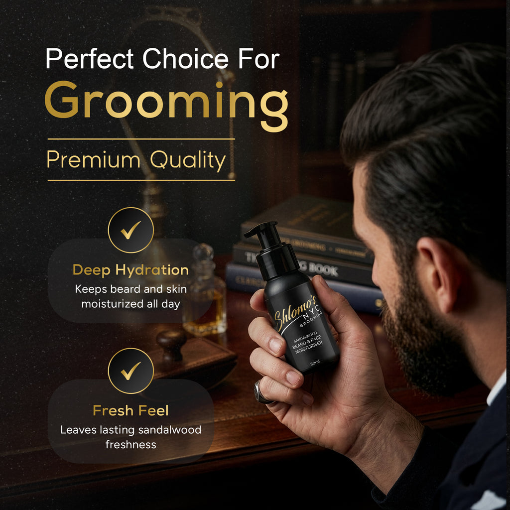 Shlomo's NYC Grooming Beard and Face Moisturizer, Dual-Action Hydrating Formula, Softens and Tames Facial Hair, Lightweight, Non-Greasy, for All Skin Types (Sandalwood)